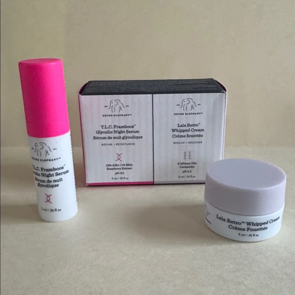 DRUNK ELEPHANT 2p TLC Framboos Glycolic Night Serum Lala Retro Whipped Cream NIB
